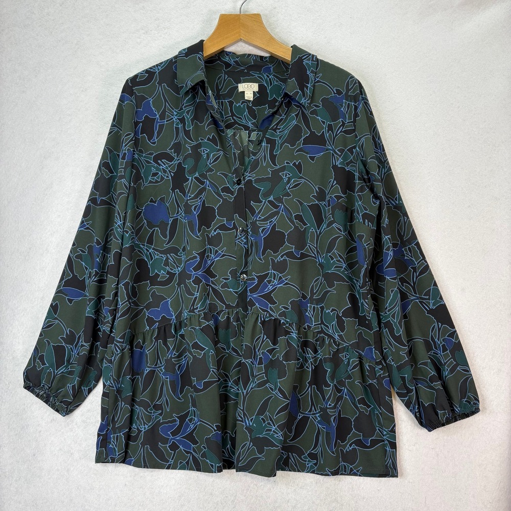 LOGO by Lori Goldstein Green Floral Print Tunic Shirt Women's XL Ruffle Hem Boho - Picture 2 of 7